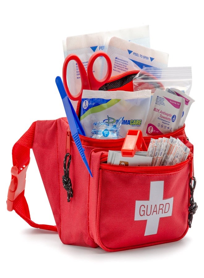 Primacare KB-8005 First Aid Fanny Pack, 8x2x6 Stocked with 75 Pieces Emergency Medical Supplies, Lifeguard Waist Travel Bag with 3 Pockets, Red - Image 1