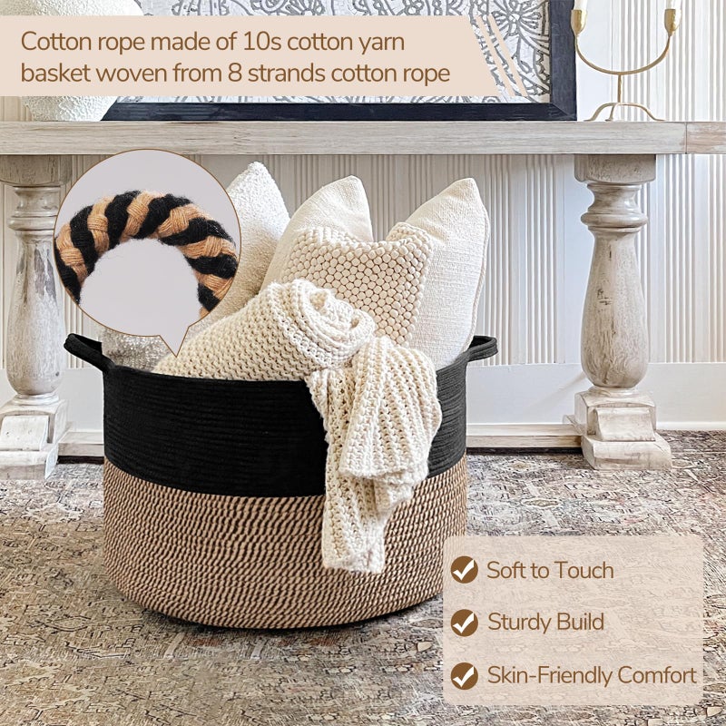 INDRESSME Large Storage Baskets for Organizing, 21.7 x 13.8 Blanket Basket Living Room Dog Toy Bin, Woven Laundry Basket for Dirty Clothes, Pillows, Towel, 90L Mix Black - Image 2