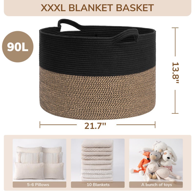 INDRESSME Large Storage Baskets for Organizing, 21.7 x 13.8 Blanket Basket Living Room Dog Toy Bin, Woven Laundry Basket for Dirty Clothes, Pillows, Towel, 90L Mix Black - Image 3