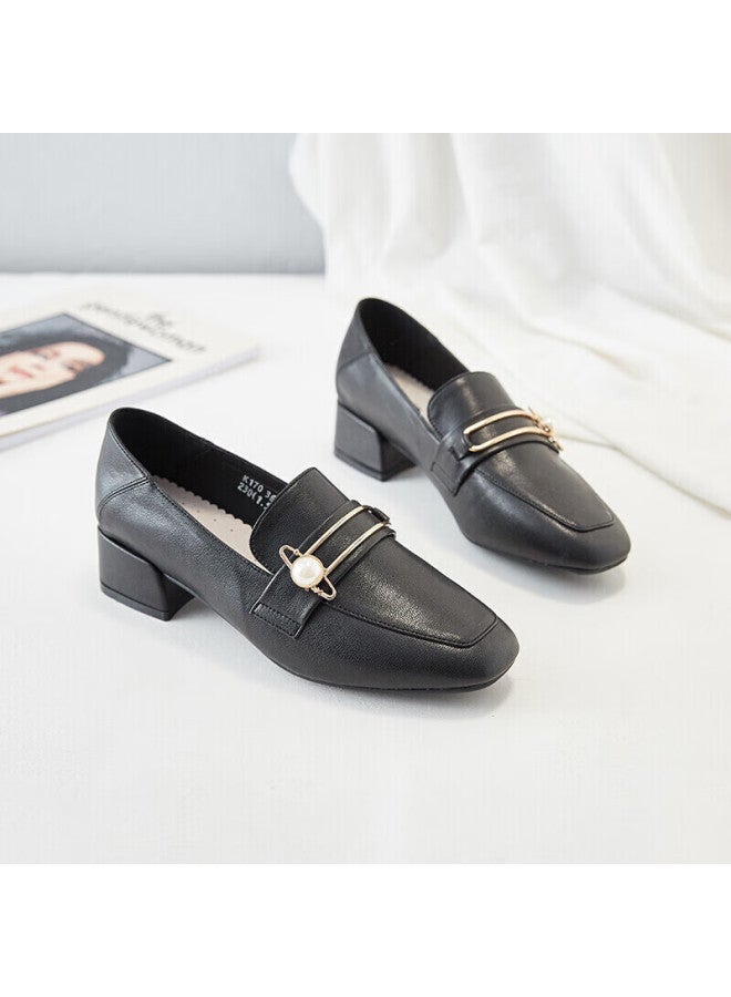 Zhr Women's Retro Square Toe Pearl Buckle Loafers Chunky Heel Height Increasing Two-way Wear Slimming Women's Shoes K170 Black 37 - Image 4