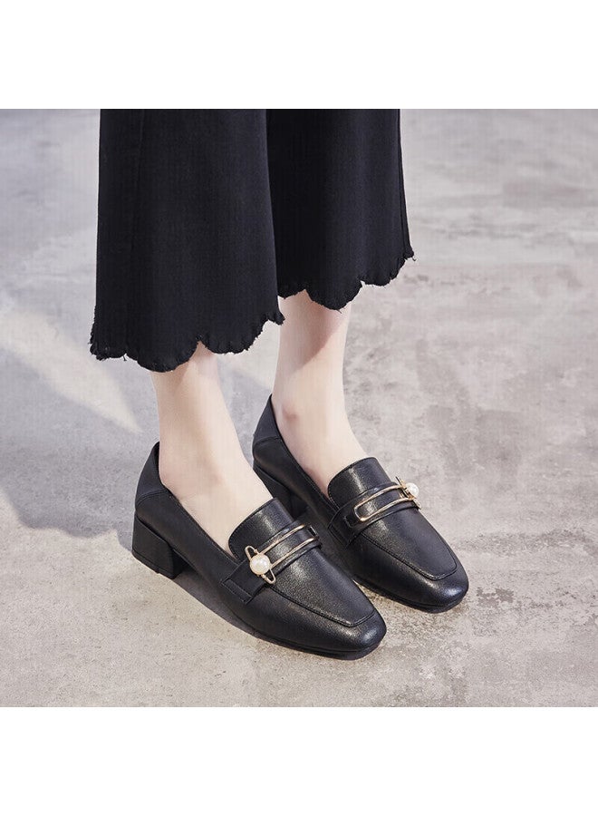 Zhr Women's Retro Square Toe Pearl Buckle Loafers Chunky Heel Height Increasing Two-way Wear Slimming Women's Shoes K170 Black 37 - Image 1