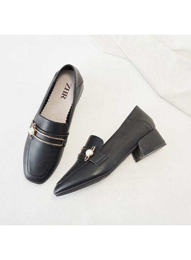 Zhr Women's Retro Square Toe Pearl Buckle Loafers Chunky Heel Height Increasing Two-way Wear Slimming Women's Shoes K170 Black 37 - Image 3