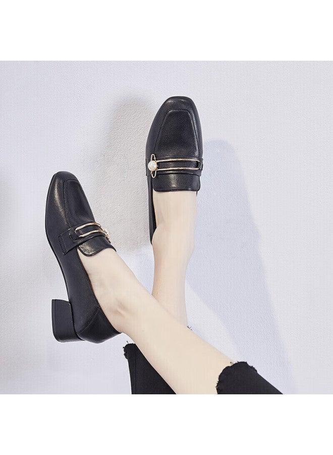Zhr Women's Retro Square Toe Pearl Buckle Loafers Chunky Heel Height Increasing Two-way Wear Slimming Women's Shoes K170 Black 37 - Image 5