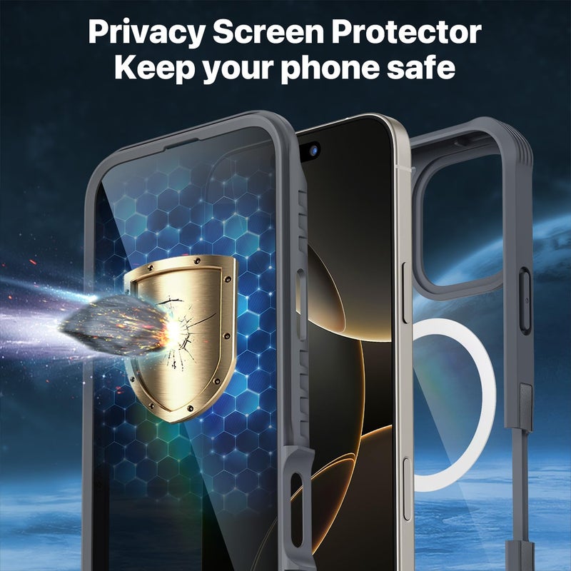 CENHUFO Magnetic Privacy for iPhone 16 Pro Max Case [Compatible with Magsafe] Full Body Phone Case Built-in 9H Tempered Glass Privacy Screen Protector Camera Lens Protector, Shockproof Cover - Gray Practical versatile construction - Image 4