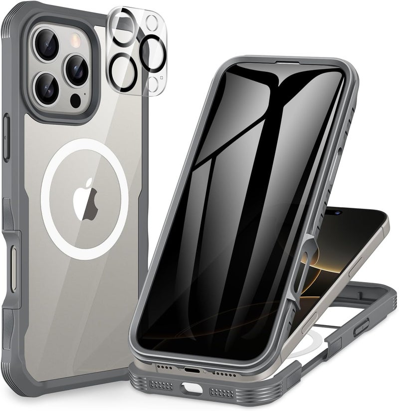 CENHUFO Magnetic Privacy for iPhone 16 Pro Max Case [Compatible with Magsafe] Full Body Phone Case Built-in 9H Tempered Glass Privacy Screen Protector Camera Lens Protector, Shockproof Cover - Gray Practical versatile construction - Image 1