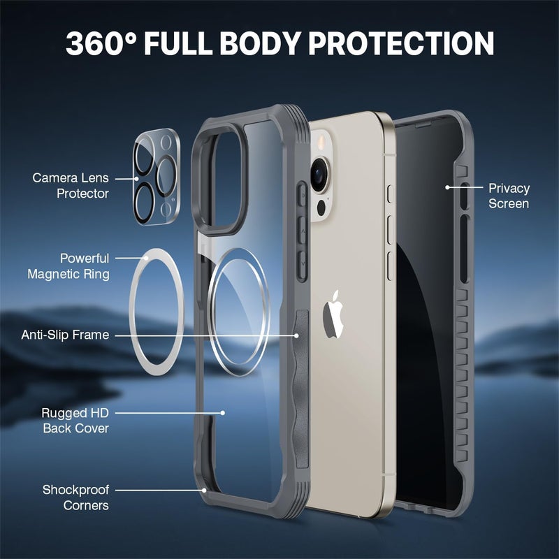 CENHUFO Magnetic Privacy for iPhone 16 Pro Max Case [Compatible with Magsafe] Full Body Phone Case Built-in 9H Tempered Glass Privacy Screen Protector Camera Lens Protector, Shockproof Cover - Gray Practical versatile construction - Image 3