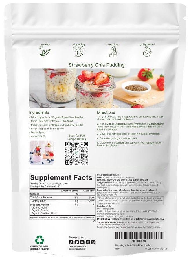 Micro Ingredients Organic Triple Fiber Powder, 2lb | Natural Prebiotic to Support Digestive & Gut Health | Soluble, Easily Digestible | Unflavored, Vegan - Image 2