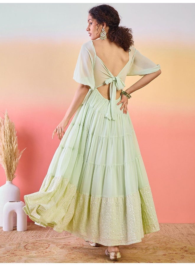 AKS Self Design Sequinned Tiered Fit & Flare Ethnic Dress  - Image 4