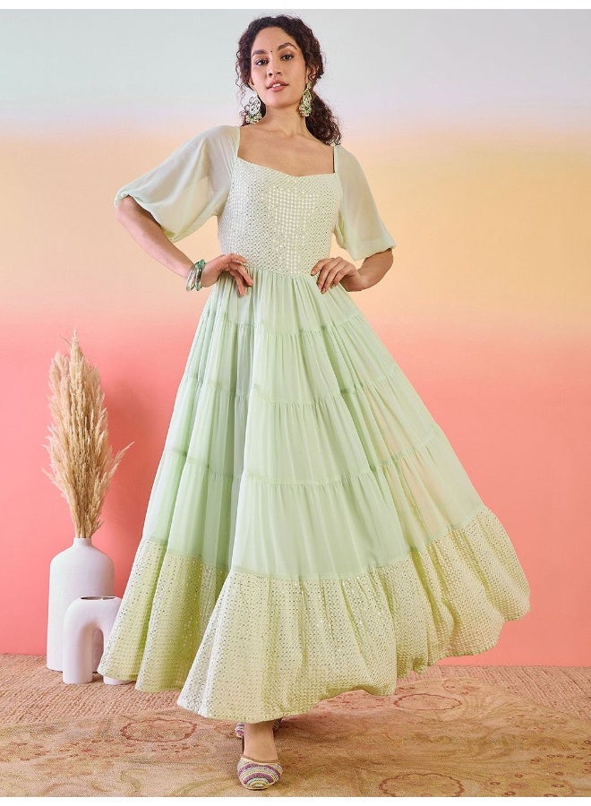 AKS Self Design Sequinned Tiered Fit & Flare Ethnic Dress  - Image 1