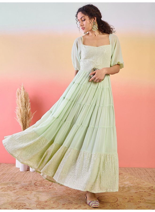 AKS Self Design Sequinned Tiered Fit & Flare Ethnic Dress  - Image 3