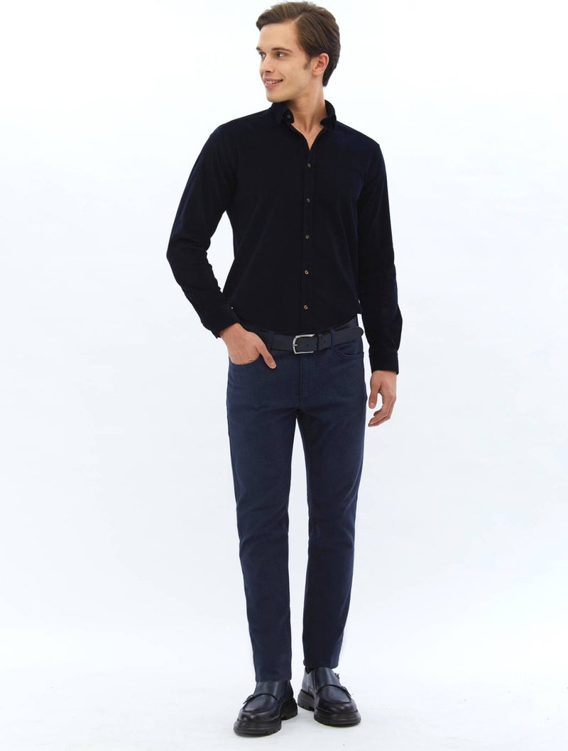Navy Blue Woven Slim Fit Casual Cotton Blend Trousers