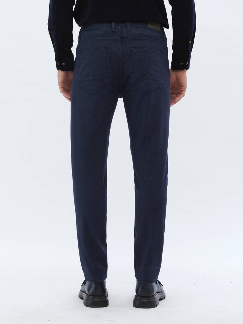 Navy Blue Woven Slim Fit Casual Cotton Blend Trousers