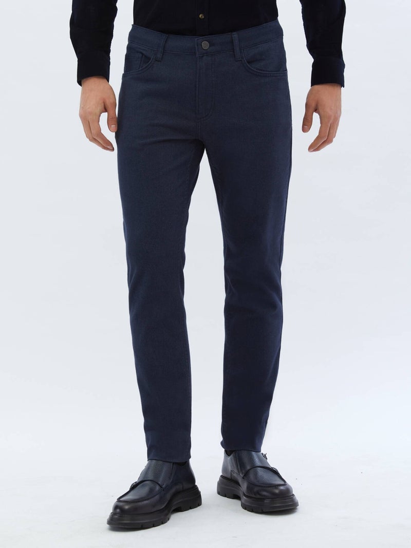 Navy Blue Woven Slim Fit Casual Cotton Blend Trousers