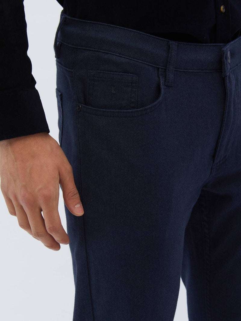 Navy Blue Woven Slim Fit Casual Cotton Blend Trousers