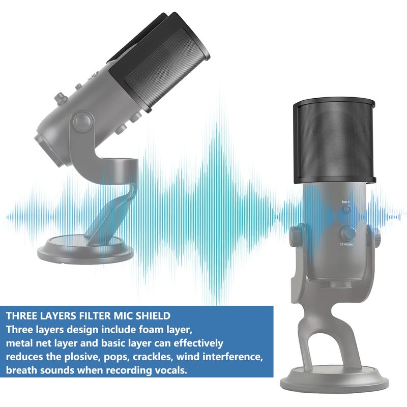 PEMOTech Microphone Pop Filter for Blue Yeti,PEMOTech [Upgraded Three Layers] Metal Mesh & Foam & Etamine Layer Microphone Windscreen Cover Handheld Mic Shield Mask - Image 5