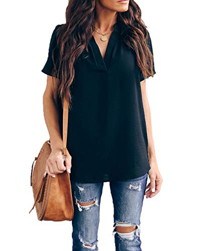 Allimy Women Summer Casual V Neck Chiffon Blouses Short Sleeve Loose Tunic Tops Medium Black - Image 1