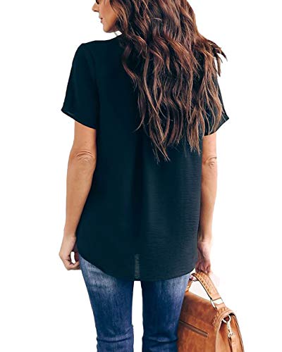 Allimy Women Summer Casual V Neck Chiffon Blouses Short Sleeve Loose Tunic Tops Medium Black - Image 4