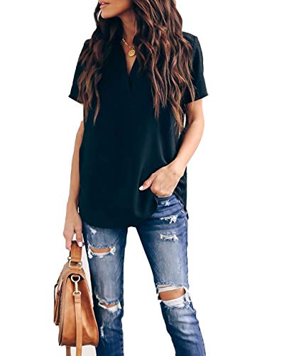 Allimy Women Summer Casual V Neck Chiffon Blouses Short Sleeve Loose Tunic Tops Medium Black - Image 2