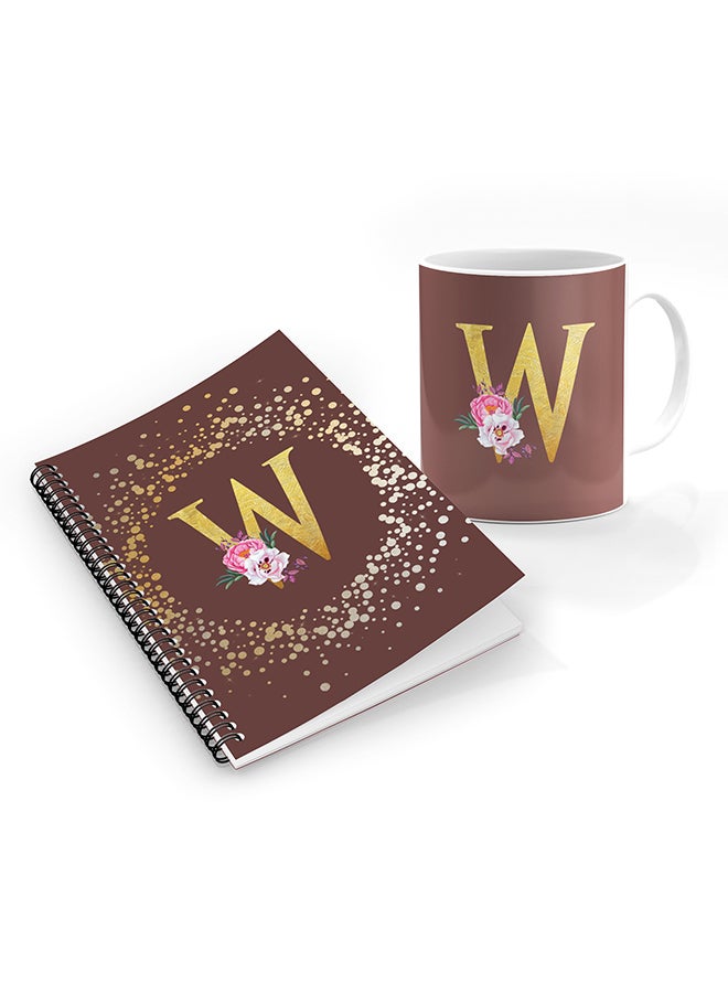 Stylizedd Printed Coffee Mug + A5 Spiral Notebook Memo Personalised Combo Gift Set Custom Monogram Initial Letter Floral Pattern Alphabet - W  (Brown )