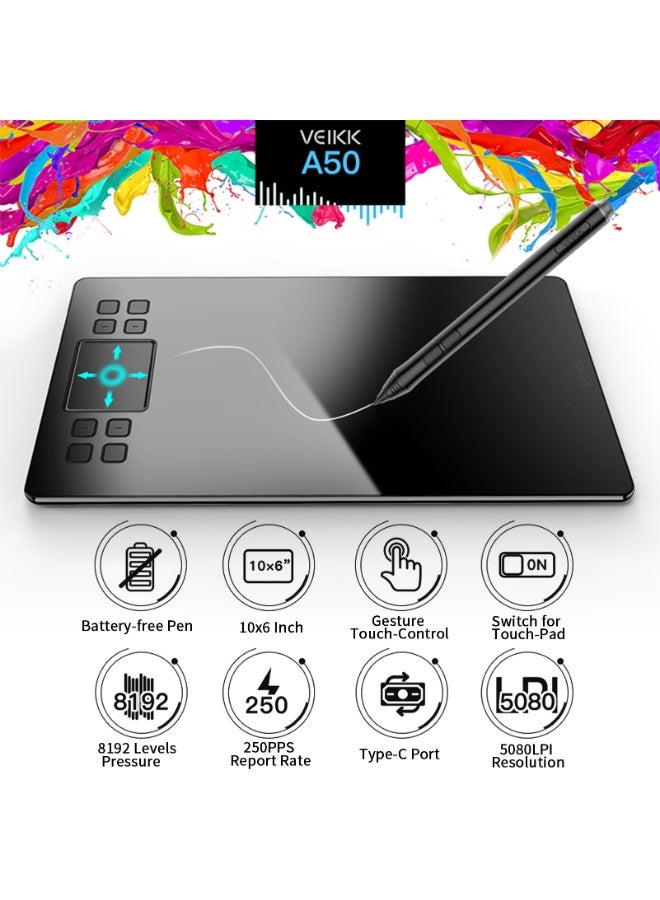 Veikk A50 Graphics Drawing Tablet 10 x 6 Inch Large Active Area 8 Express Keys & Gesture Touch-Pad 8192 Levels Pressure Art Graphics Tablet with Battery-free Stylus 8 Pen Nibs Compatible with Windows Mac OS Android for Painting Design Online Teaching - Image 1