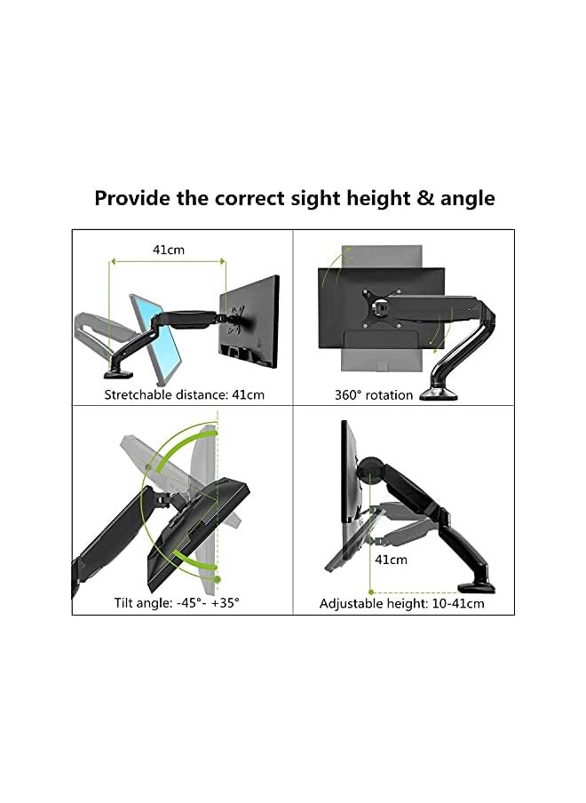 Desk Mount Stand, Computer Monitor Single Arm with Gas Spring for 13 to 27 Inch PC LCD LED Screen, Adjustable Height Tilt Angle Spring Monitor Riser Swivel Bracket for VESA 75x75mm 100x100mm
