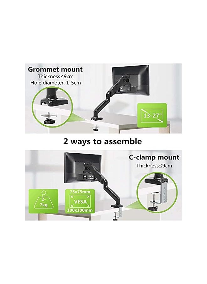 Desk Mount Stand, Computer Monitor Single Arm with Gas Spring for 13 to 27 Inch PC LCD LED Screen, Adjustable Height Tilt Angle Spring Monitor Riser Swivel Bracket for VESA 75x75mm 100x100mm