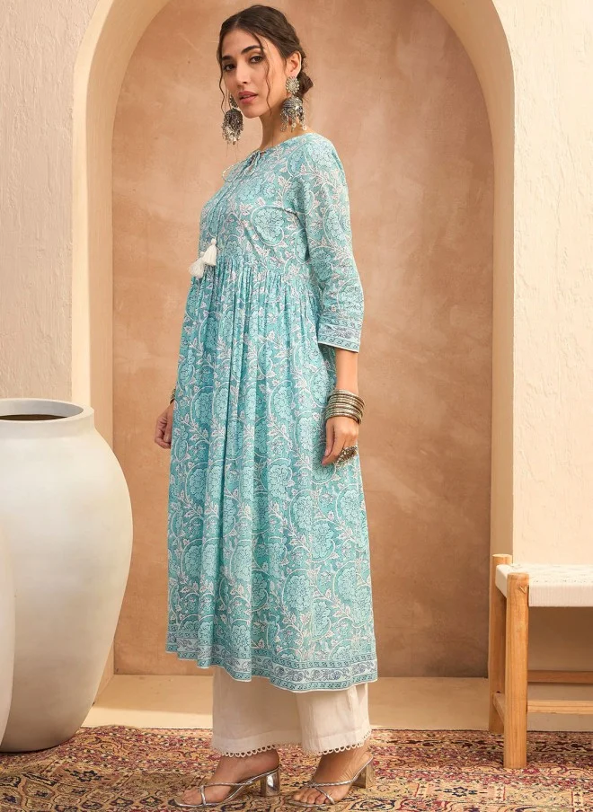 SASSAFRAS Floral Printed Keyhole Neck Anarkali Kurta for Women