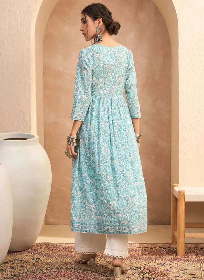 SASSAFRAS Floral Printed Keyhole Neck Anarkali Kurta for Women