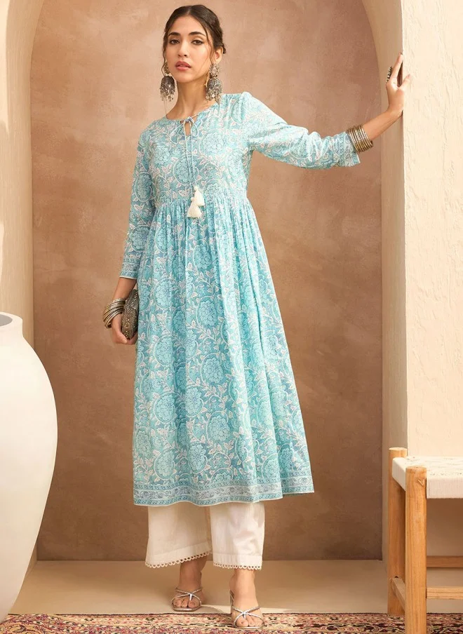 SASSAFRAS Floral Printed Keyhole Neck Anarkali Kurta for Women