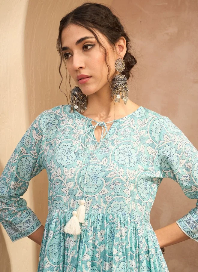 SASSAFRAS Floral Printed Keyhole Neck Anarkali Kurta for Women