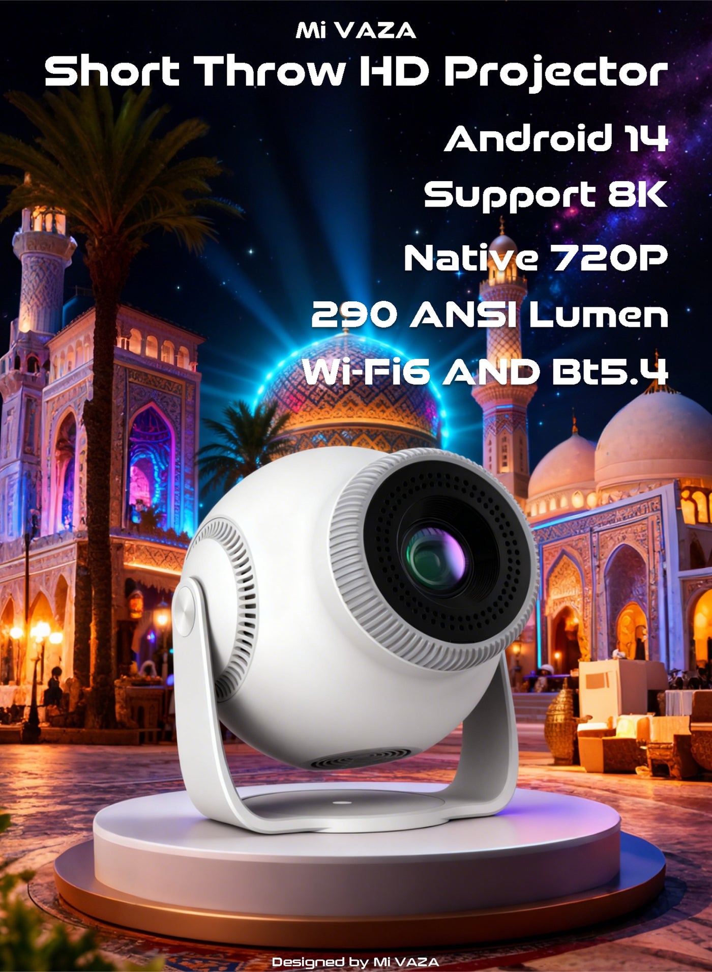 Short Throw Projector - Support 8K - 290 ANSI Lumen - Portable Projector with Auto Keystone Correction, Android 14, 5G Wifi 6, Bluetooth 5.4, HDR10+ - Mobile Home Theater - Compatible with Android/iOS/Windows/TV Stick/HDMI/USB/Game Controller/Computer/Laptop/Smartphone