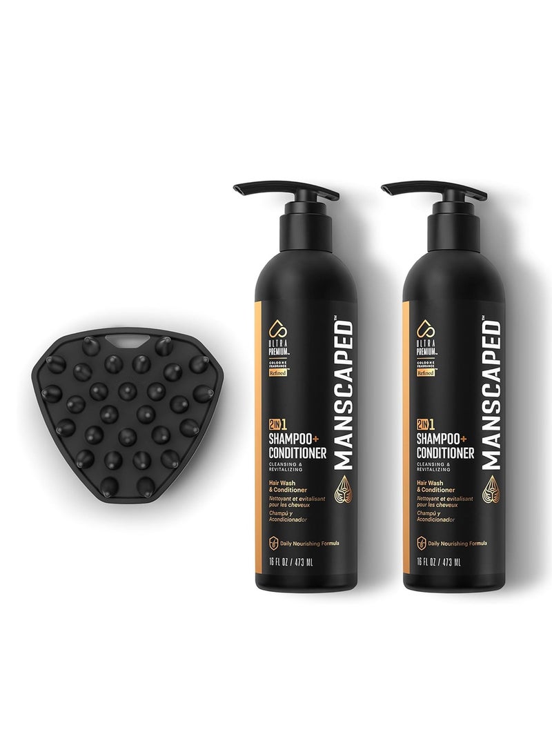 manscaped - MANSCAPED® Scalp Buffer Bundle Shower Kit Including Our Men’s Silicone Head Scrubber & Two 16oz Bottles of Refined® 2 in 1 Shampoo & Conditioner Infused with Aloe for Nourishing and Hydrating Hair - Image 1