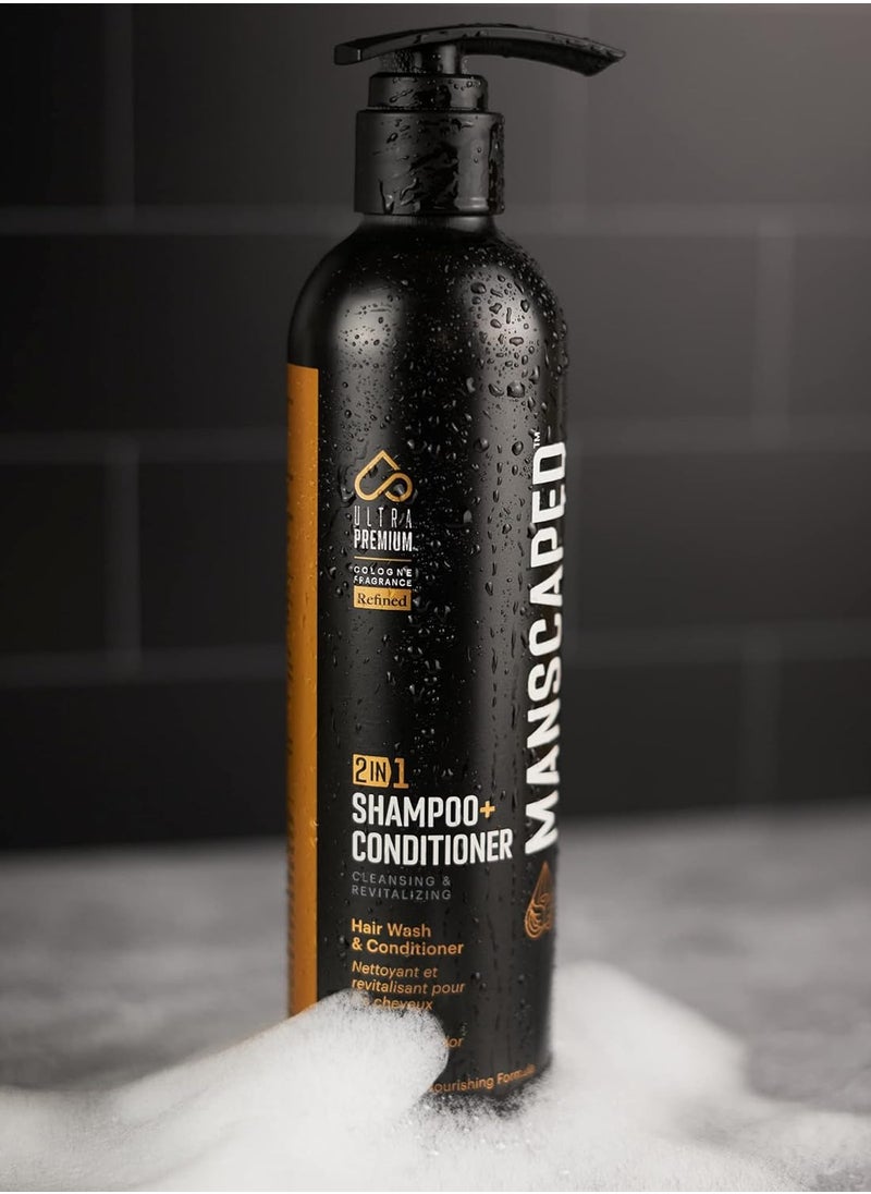 manscaped - MANSCAPED® Scalp Buffer Bundle Shower Kit Including Our Men’s Silicone Head Scrubber & Two 16oz Bottles of Refined® 2 in 1 Shampoo & Conditioner Infused with Aloe for Nourishing and Hydrating Hair - Image 1