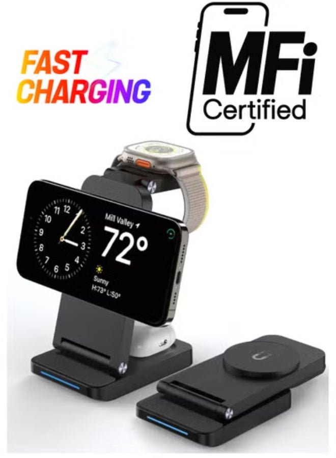 KUKH 3-in-1 Magnetic Wireless Charging Stand Compatible with iPhone, Apple Watch, and AirPods, Rotating Phone Holder Fast Charging Dock - Image 1