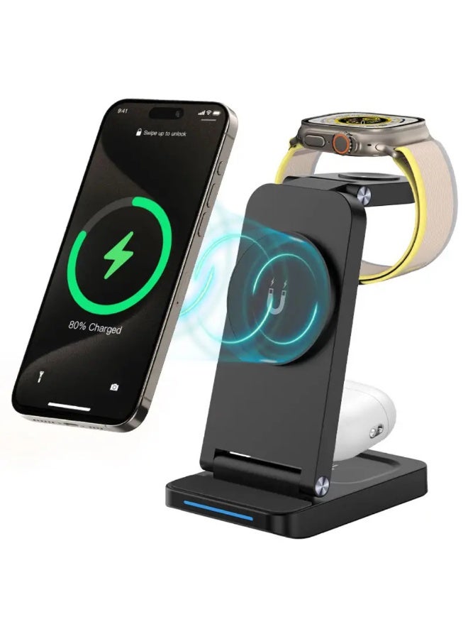 KUKH 3-in-1 Magnetic Wireless Charging Stand Compatible with iPhone, Apple Watch, and AirPods, Rotating Phone Holder Fast Charging Dock - Image 2