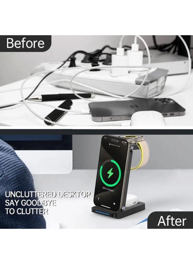 KUKH 3-in-1 Magnetic Wireless Charging Stand Compatible with iPhone, Apple Watch, and AirPods, Rotating Phone Holder Fast Charging Dock - Image 5