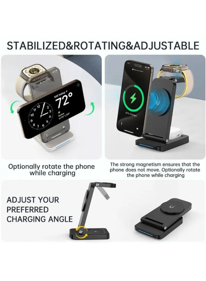 KUKH 3-in-1 Magnetic Wireless Charging Stand Compatible with iPhone, Apple Watch, and AirPods, Rotating Phone Holder Fast Charging Dock - Image 3