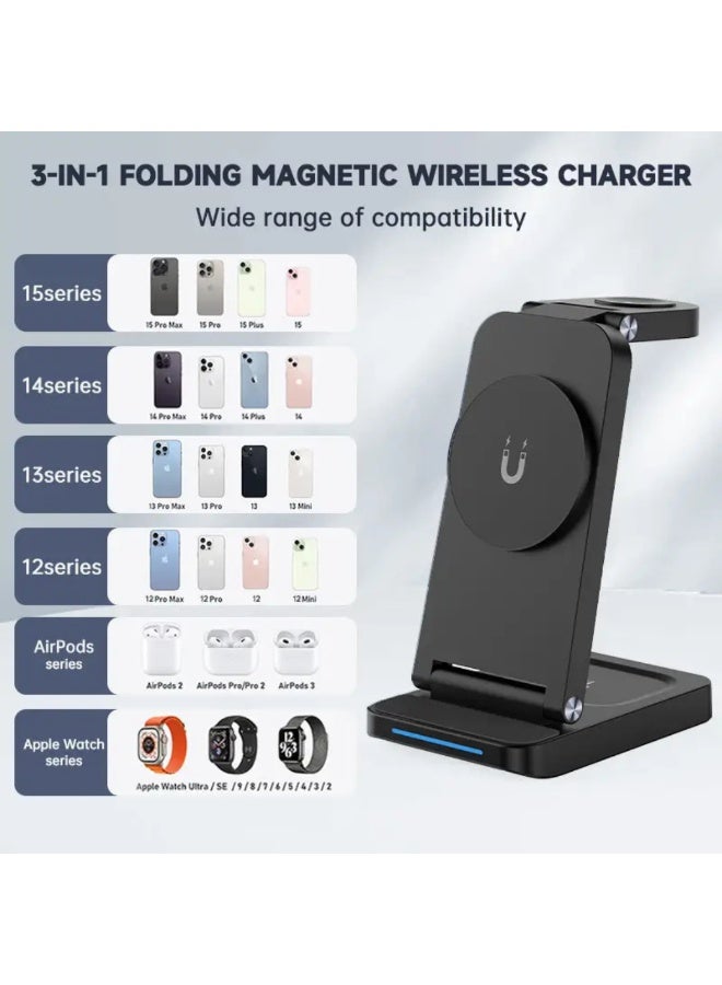 KUKH 3-in-1 Magnetic Wireless Charging Stand Compatible with iPhone, Apple Watch, and AirPods, Rotating Phone Holder Fast Charging Dock - Image 4