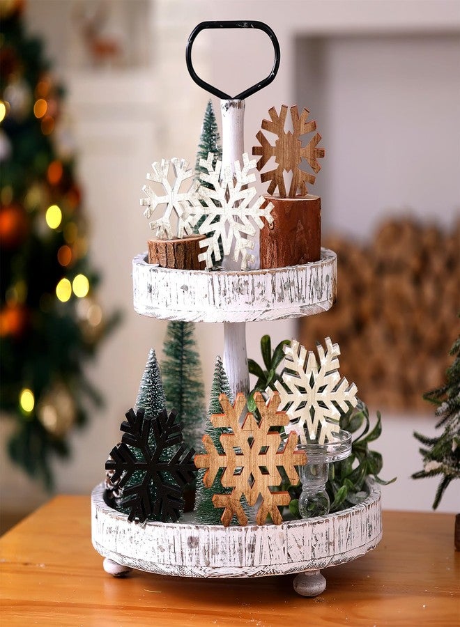 Yuntau 6 Pcs Christmas Table Decoration Wooden Farmhouse Table Centerpieces Rustic Christmas Tree House Reindeer Elk Angel Snowflake Wooden Sign Block Tiered Tray Decor for Xmas Gifts(Snowflake) - Image 5