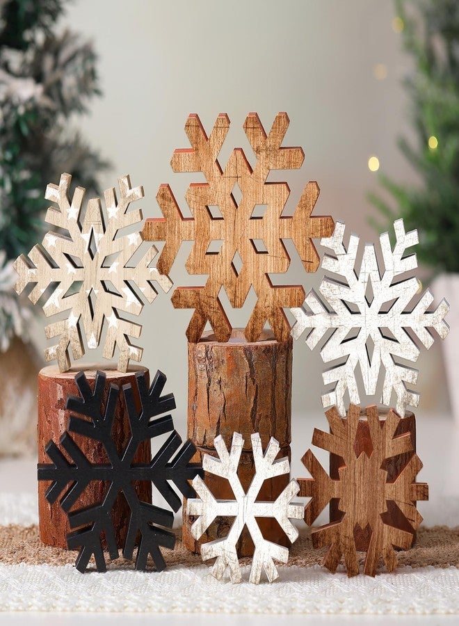 Yuntau 6 Pcs Christmas Table Decoration Wooden Farmhouse Table Centerpieces Rustic Christmas Tree House Reindeer Elk Angel Snowflake Wooden Sign Block Tiered Tray Decor for Xmas Gifts(Snowflake) - Image 1