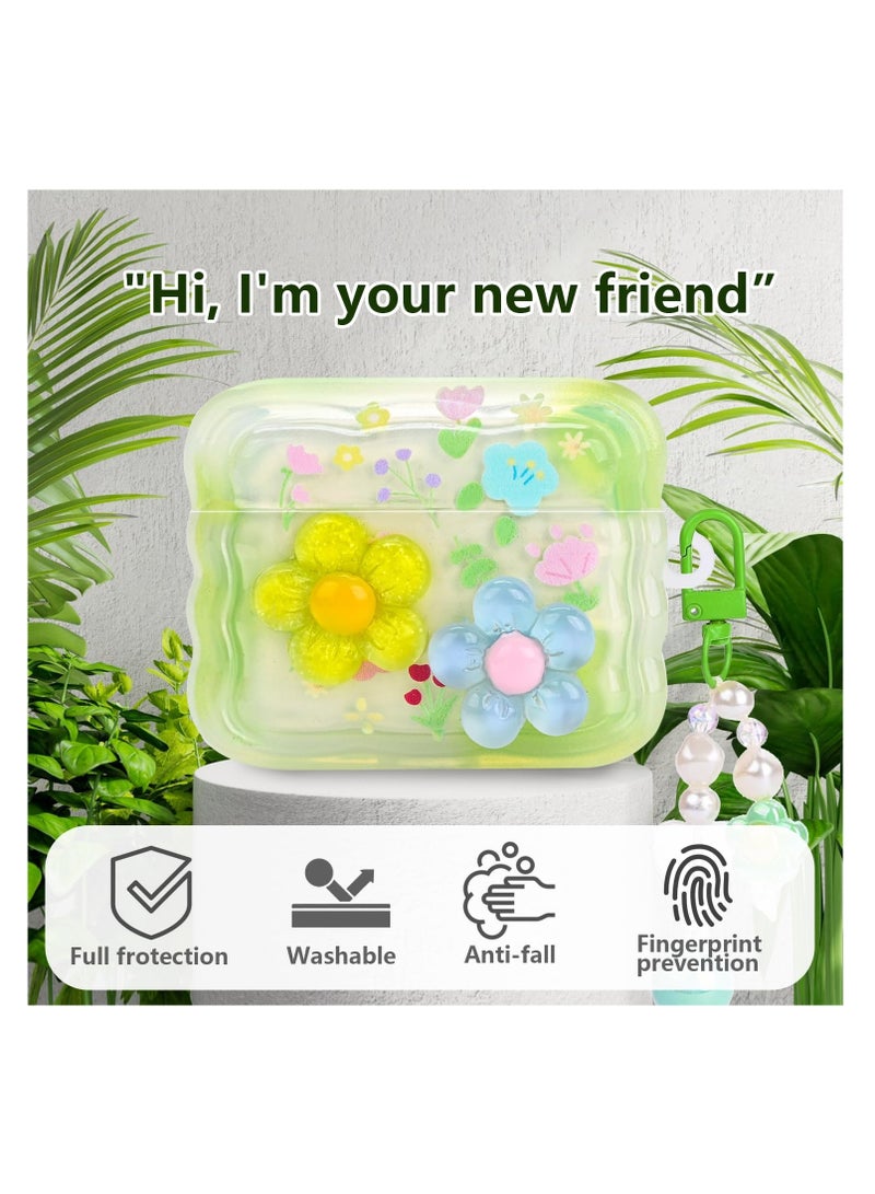 Charming AirPods Pro Case with Curly Wave Frame, Heart Bead Pendant, and 3D Floral Design, Sparkling Glitter Cover for Girls in Green - Image 3