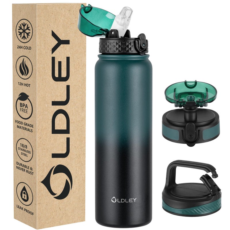 OLDLEY Stainless Steel Water Bottle with Straw 1L Vaccum Insulated Large Drink Flask Metal Water Bottles 1 Litre Leakproof Keep Drinks Hot Cold for Sports Gym with Different LidsGreen Black 3 Lids