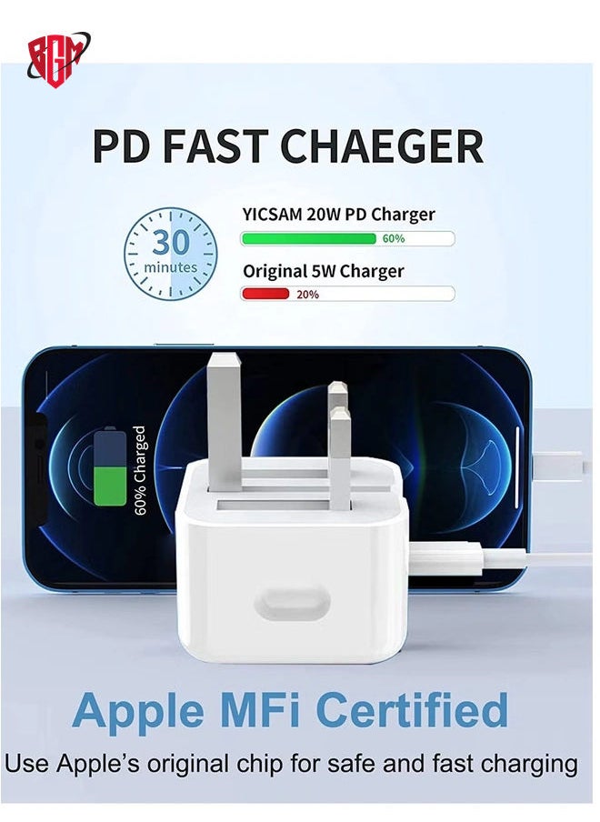 BGM - iPhone Fast Charger Plug & Cable 2mT, [Apple MFi Certified] iPhone 20W USB C USB C Charger Power Adapter w/ USB C to Lightning Cable iPhone 13/12/SE/11/XS/XR/X/8, iPad, AirPod, White - Image 1
