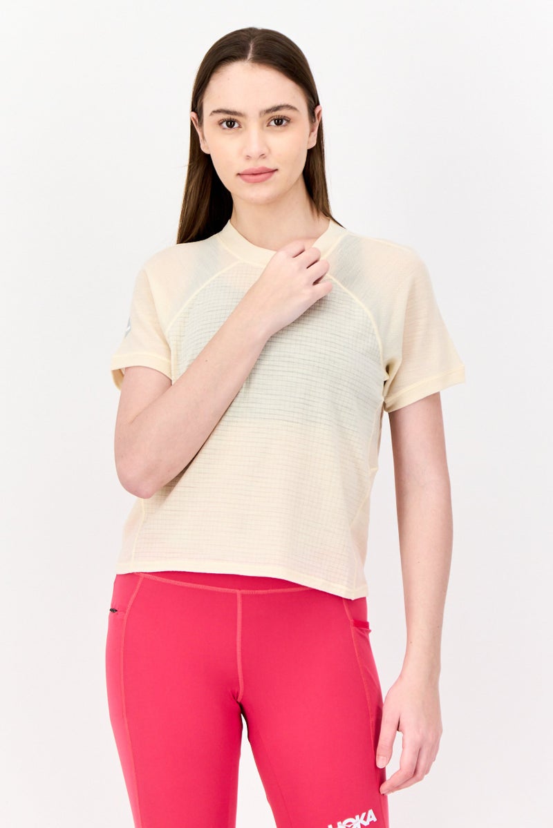 Hoka Women Sportswear Fit Short Sleeve Training Top , Beige - Image 1