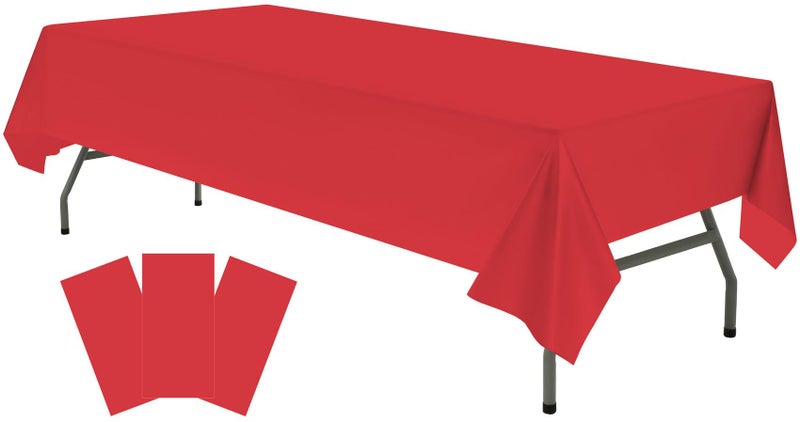 Plastic Red Tablecloths 3 Pack Disposable Table Covers 54 x 108 Inch Ruby Shine Red Table Cloths for Parties Anniversary Thanksgiving Christmas Graduation Wedding Fits 6 to 8 Foot Rectangle Tables