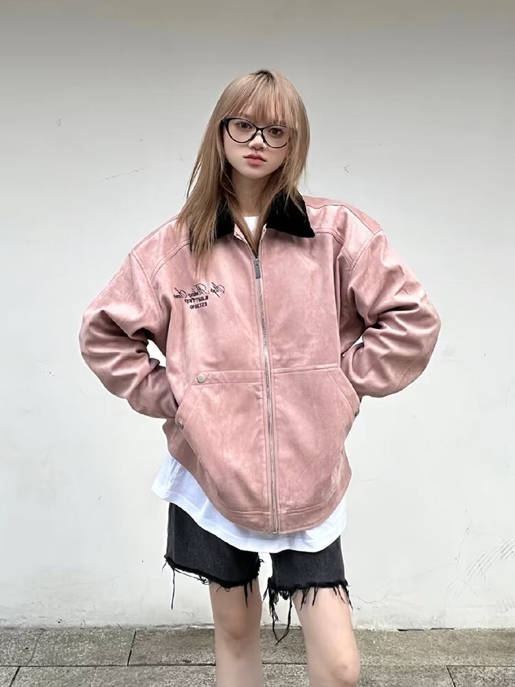 Cross-border American Style Retro Pink Lapel Suede Coat Womens Winter Retro Leather Coat Loose Work Jacket Pink - Image 1