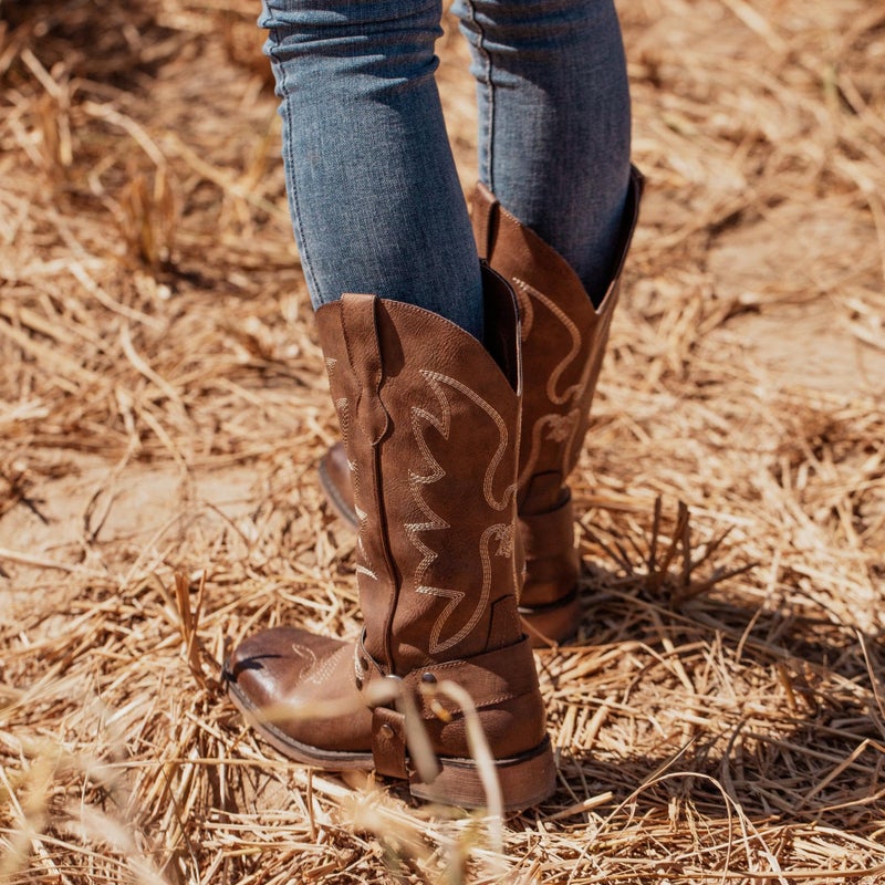 SheSole Women's Buckle Strap Wide Calf Cowboy Boots Square Toe Western Cowgirl Boots Brown US 9 - Image 3