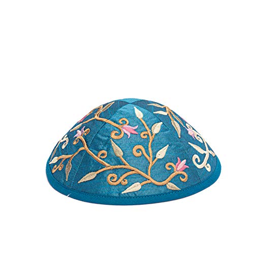 Yair Emanuel Blue Embroidered Flower Design Kippah - Image 2