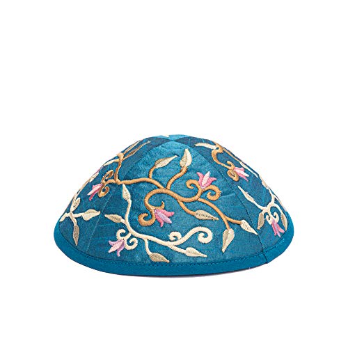 Yair Emanuel Blue Embroidered Flower Design Kippah - Image 5