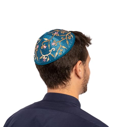 Yair Emanuel Blue Embroidered Flower Design Kippah - Image 1
